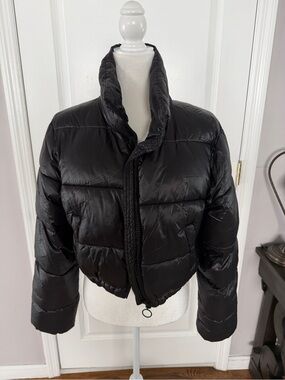 Garage Black Short Puffer Jacket with High Collar